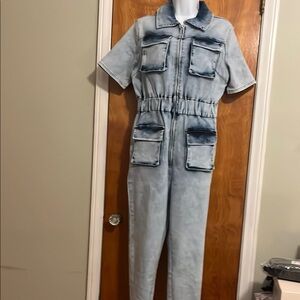 Blue Skinny Jumpsuit with Short Sleeves and Elastic Waist